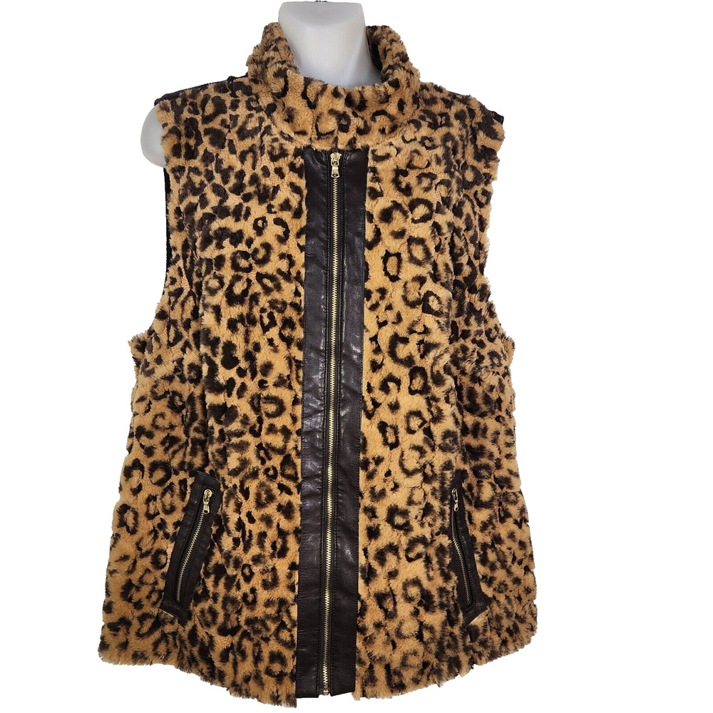 Chico's Vest Womens Size 2 Large Faux Fur Zip Front Lined Leopard Print Pockets